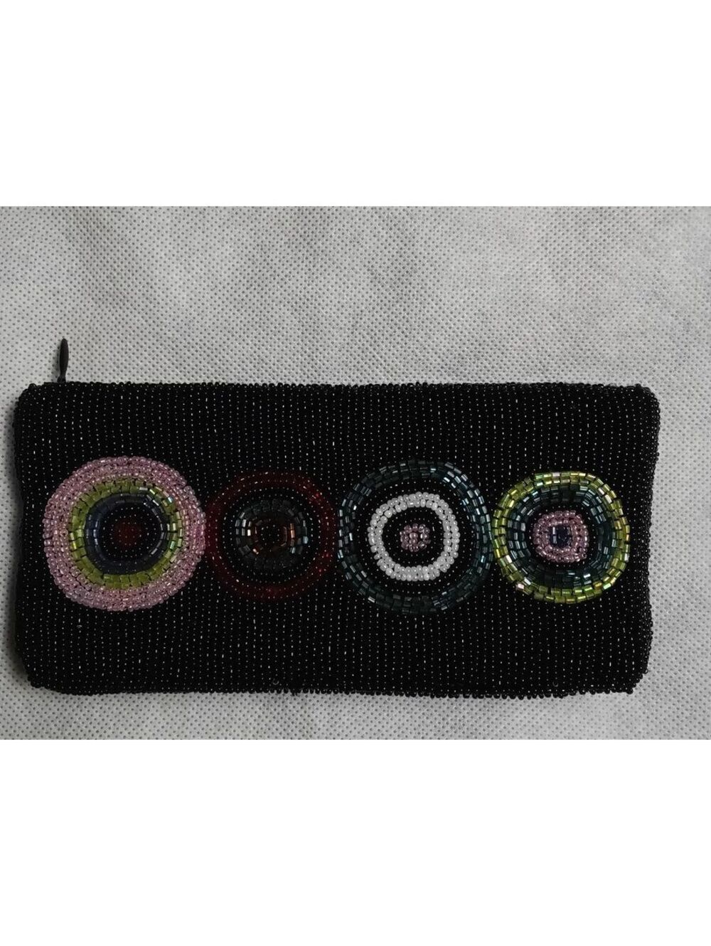 90s Milllicent Beaded Clutch Bag Black Bead Indie Boho Concentric Circles